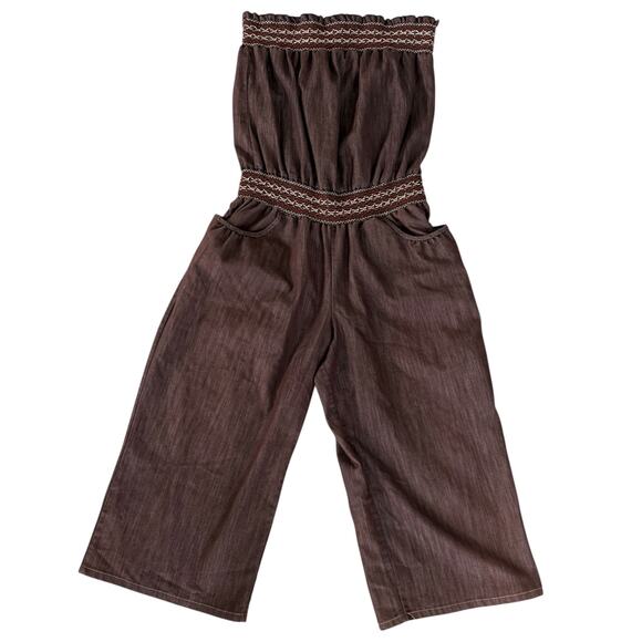 Y2K Strapless Denim Jumpsuit Smocked Wide Leg Boho Capri L Cowgirl Brown Hippie - Picture 8 of 14